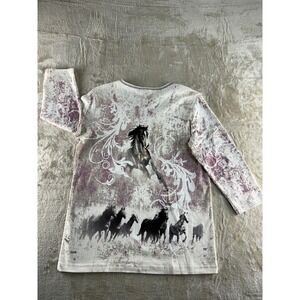 Cactus Bay 3/4 Sleeve Horse Graphic Rhinestone V-Neck Top Mauve Large USA NEW